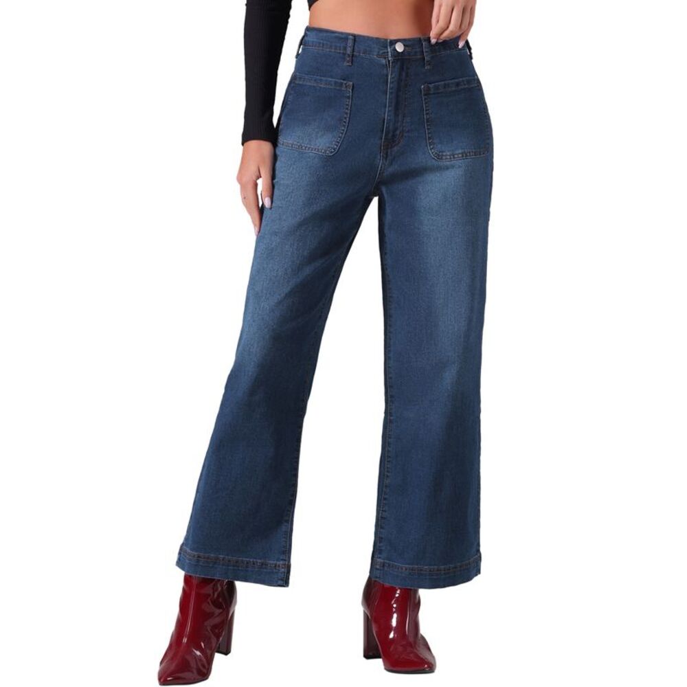 High Waisted Straight Leg Jeans Buttoned Loose Denim Pants Dark Blue